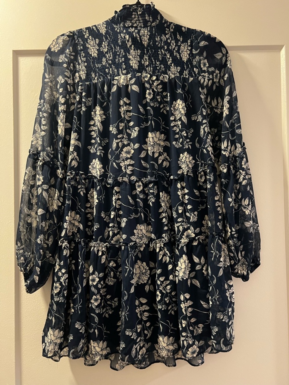 Floral Smocked Tiered Long-Sleeve Top - Navy/White